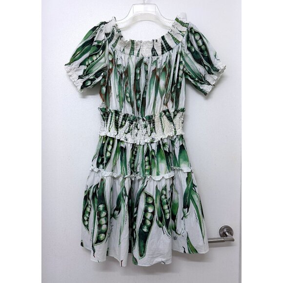 Dolce & Gabbana Green Beans Snap Pea Mini Dress White Cotton Smocked IT 48 - Picture 10 of 16